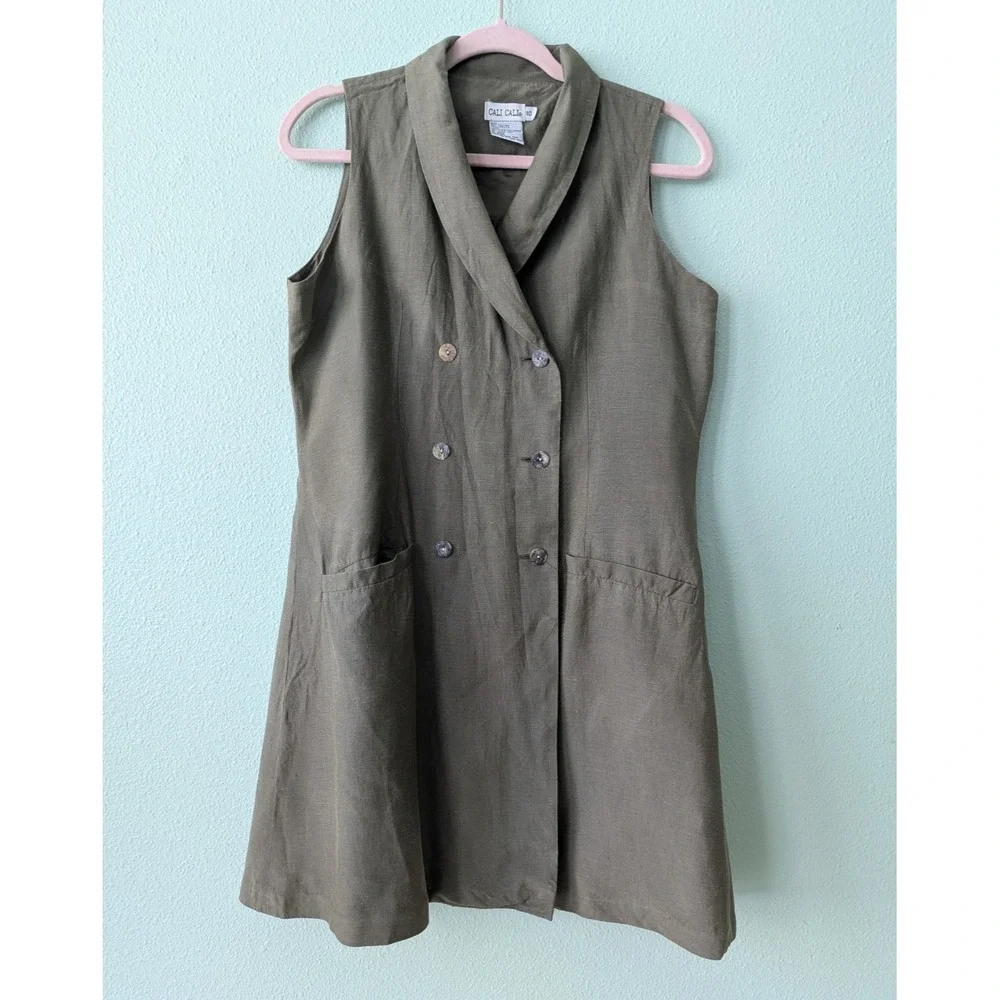 Vintage 90s Cali Cali Silk Linen Double Breasted Vest Dress Olive Green‎ Size 10